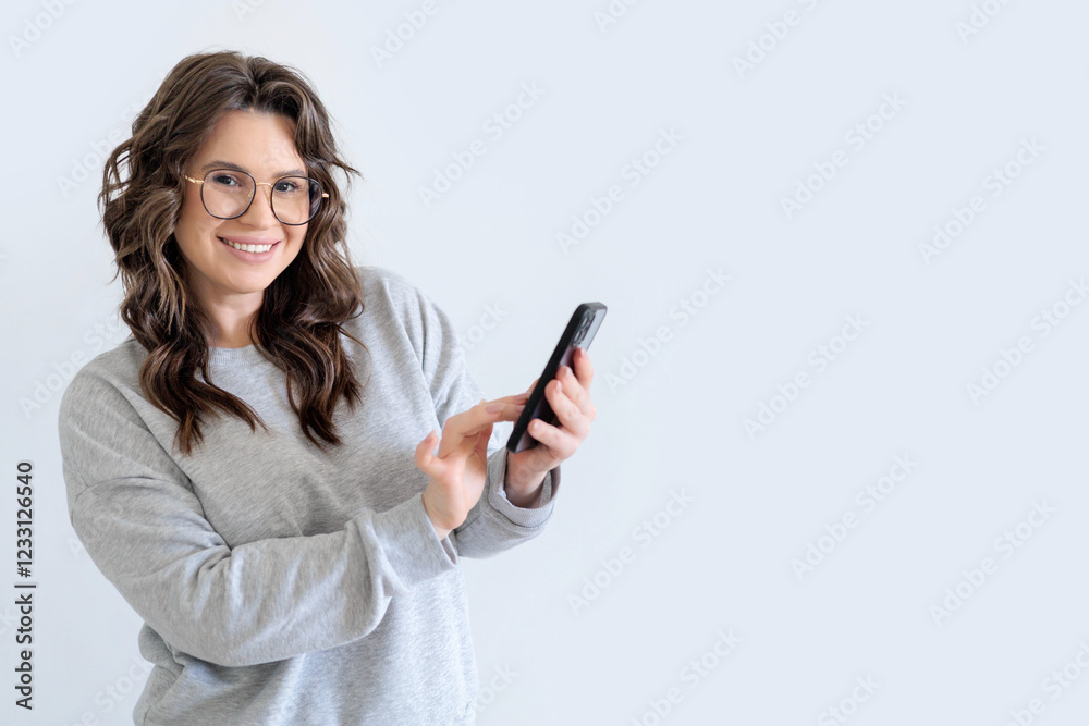 Beautiful European woman in gray knitted suit smiles and writes a message in messenger on smartphone Beautiful European woman in gray knitted suit smiles and writes a message in messenger on smartphone