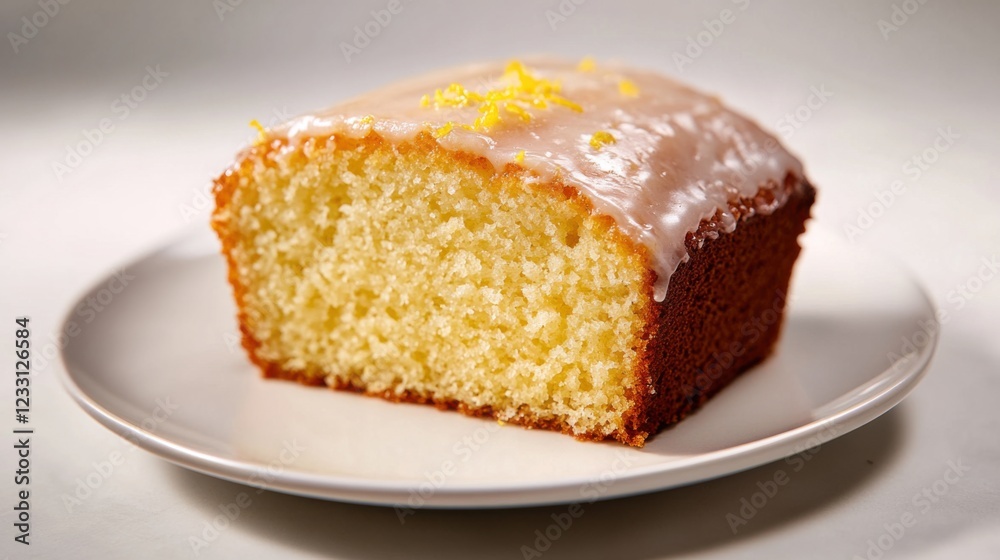 A slice of lemon loaf cake with a light glaze and a sprinkle of lemon zest, placed on a plain white plate, Slice centered with a slightly angled view A slice of lemon loaf cake with a light glaze and a sprinkle of lemon zest, placed on a plain white plate, Slice centered with a slightly angled view