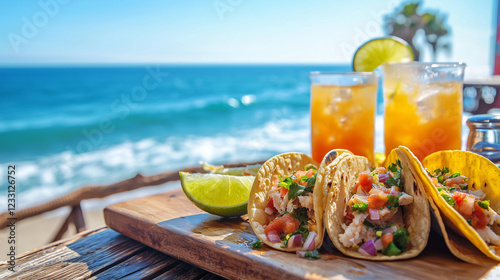Three fish tacos with vibrant toppings sit on a wooden board alongside two refreshing margaritas. A stunning ocean backdrop completes this idyllic beachside meal