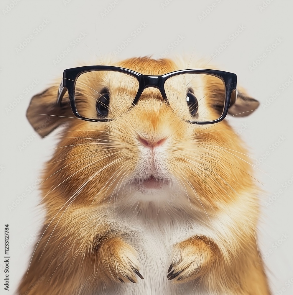 Obraz premium An adorable fluffy guinea pig, sporting glasses, showcases a charming personality with a delightful expression.