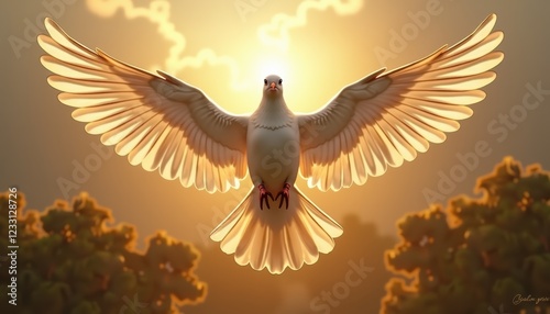 Majestic resurrection dove with radiant wings over serene landscape photo