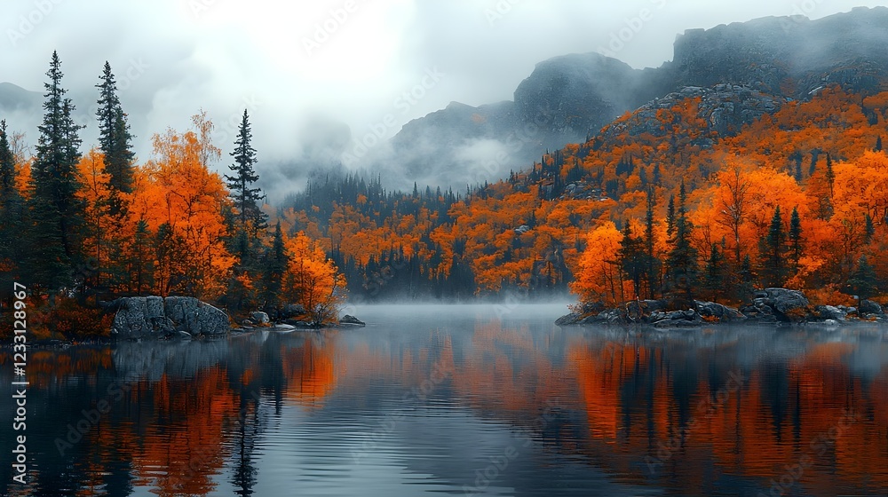 A peaceful lake surrounded by autumn trees A peaceful lake surrounded by autumn trees