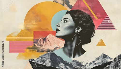 Abstract collage art with woman on mountain background and geometric shapes. Retro 90s aesthetic