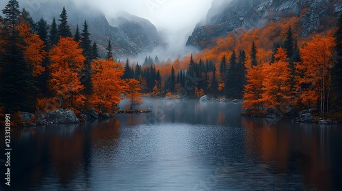 A peaceful lake surrounded by autumn trees