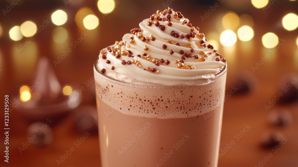 Iced mocha with whipped cream, sprinkles, bokeh lights, on a table Iced mocha with whipped cream, sprinkles, bokeh lights, on a table