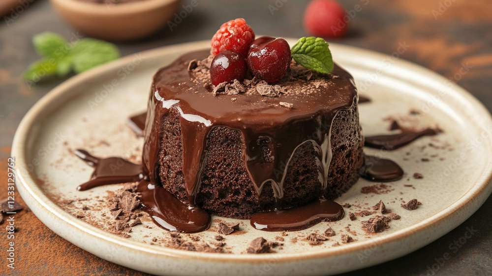 Chocolate dessert with melting chocolate on a light beige ceramic plate Chocolate dessert with melting chocolate on a light beige ceramic plate