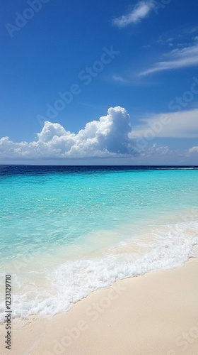 Vertical photo of the Caribbean Sea and white sand on a perfect sunny day. Summer vacation paradise