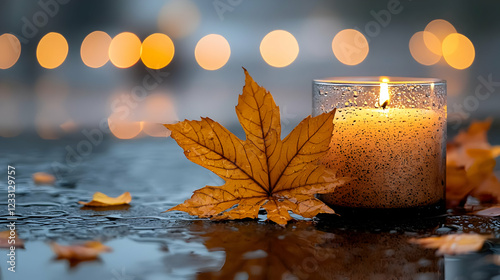 Autumn candlelight, wet leaf, city bokeh. Remembrance, sympathy card