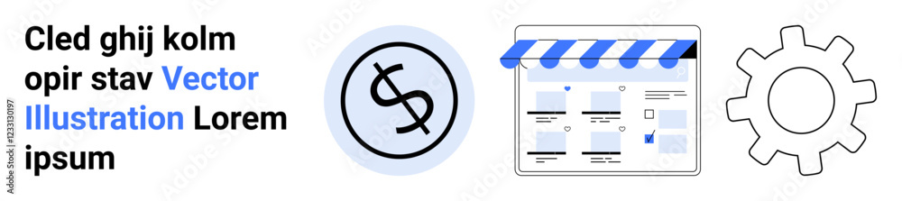 Text next to a dollar sign coin icon, store icon with blue and white awning, and gear icon representing financials, online store management, and settings. Ideal for e-commerce, finance, online Text next to a dollar sign coin icon, store icon with blue and white awning, and gear icon representing financials, online store management, and settings. Ideal for e-commerce, finance, online