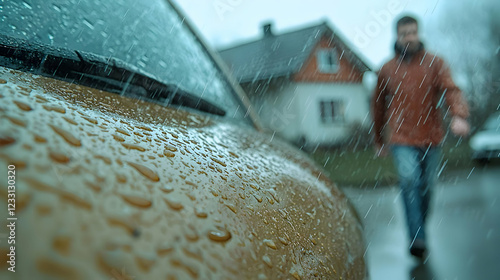 Wallpaper Mural Rainy day, man hurrying to car, house background, commute Torontodigital.ca