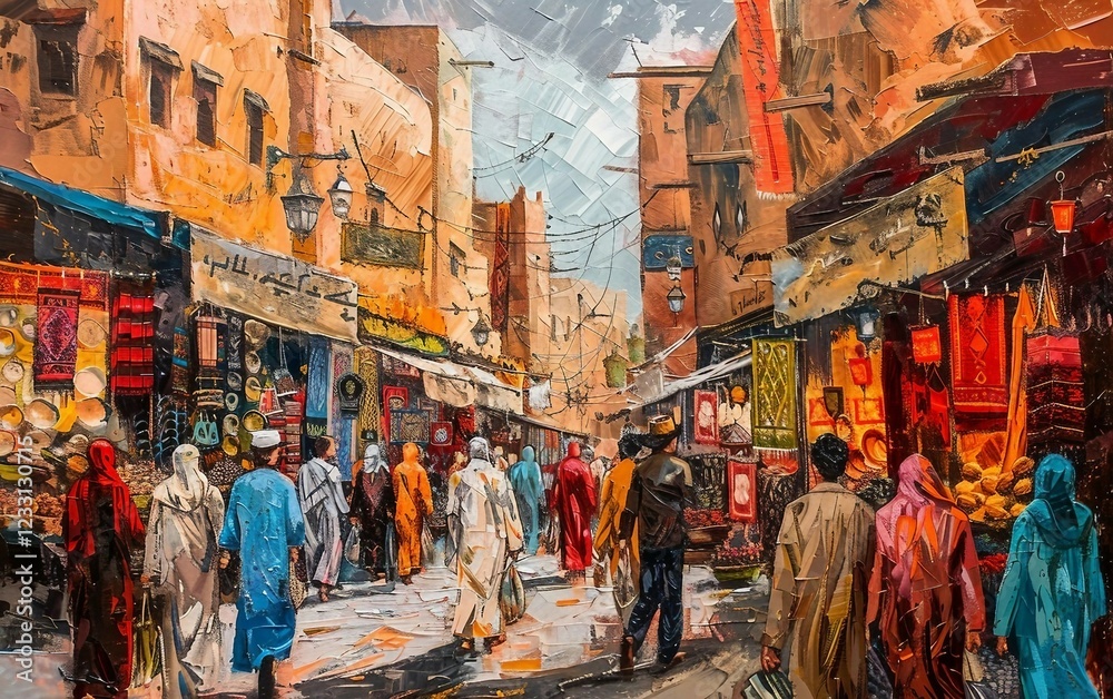 Fototapeta premium Bustling Market Street in Marrakech with Vibrant Colors and Life