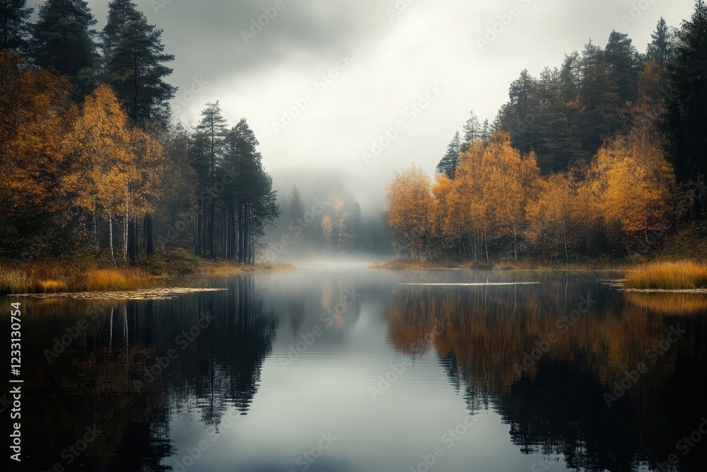 Autumn mist envelops a tranquil lake surrounded by vibrant foliage in a serene landscape Autumn mist envelops a tranquil lake surrounded by vibrant foliage in a serene landscape
