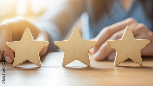 Three golden rating stars on wooden table, representing quality service, customer satisfaction, business evaluation, professional ranking, and reputation excellence in review systems, Generative AI photo