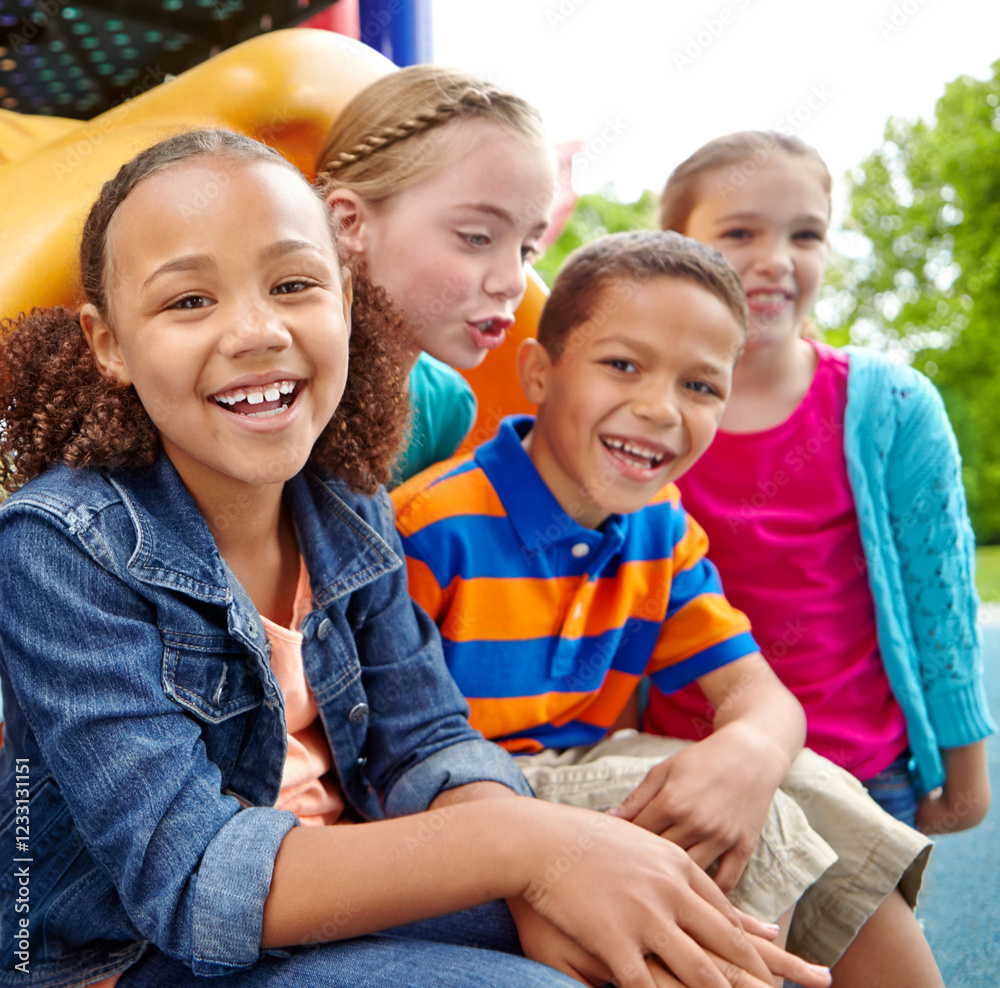 Children, slide and park playground for friends, playing group and portrait for diversity. Kids, happiness and outside games for development at school academy, students break and bonding together Children, slide and park playground for friends, playing group and portrait for diversity. Kids, happiness and outside games for development at school academy, students break and bonding together