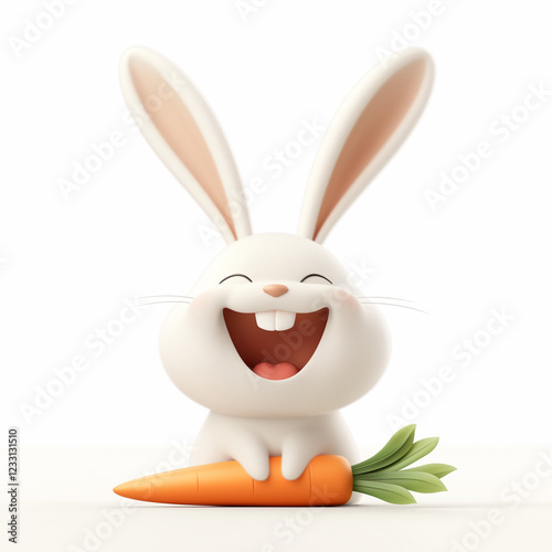 White happy bunny with carrot on white background