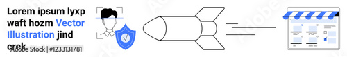 Rocket propelling toward a web storefront, accompanied by an avatar with a shield and placeholder text. Ideal for online business, e-commerce, startup, cybersecurity, protection, technology, digital