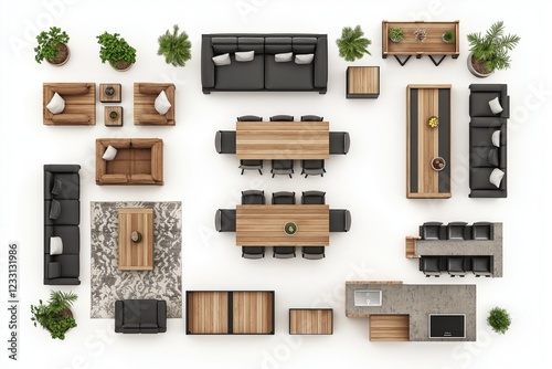 Aerial view of a modern outdoor lounge with wooden furniture and greenery, representing stylish design, relaxation, and contemporary open-air living, Generative AI