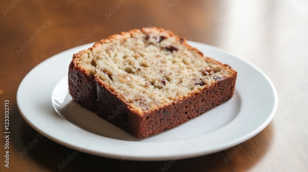 A slice of moist banana bread with walnuts and chocolate chips, placed on a plain white plate, Slice centered with a slightly angled view A slice of moist banana bread with walnuts and chocolate chips, placed on a plain white plate, Slice centered with a slightly angled view
