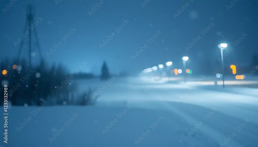 Obraz premium Snowy Night Road Scene with Blurry Lights