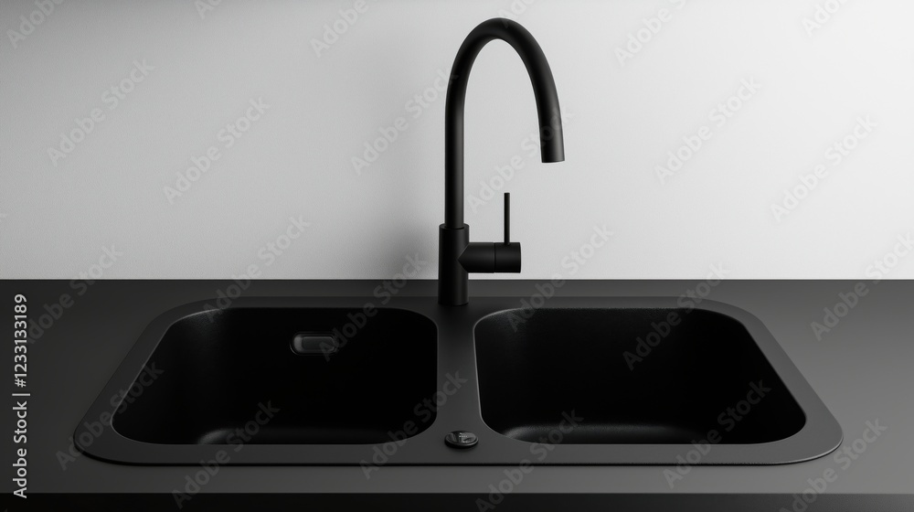 Modern black double kitchen sink with sleek faucet in minimalistic design Modern black double kitchen sink with sleek faucet in minimalistic design