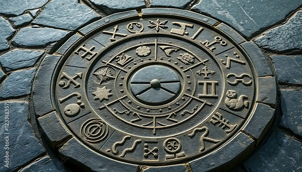 Stone Circle Depicting Ancient Symbols and Zodiac Signs Stone Circle Depicting Ancient Symbols and Zodiac Signs