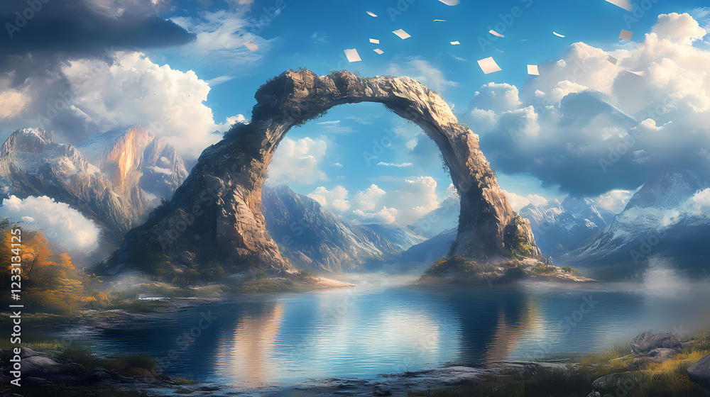 Fototapeta premium Ancient stone archway by mountain lake with floating papers and majestic clouds. Majestic Archway. Illustration