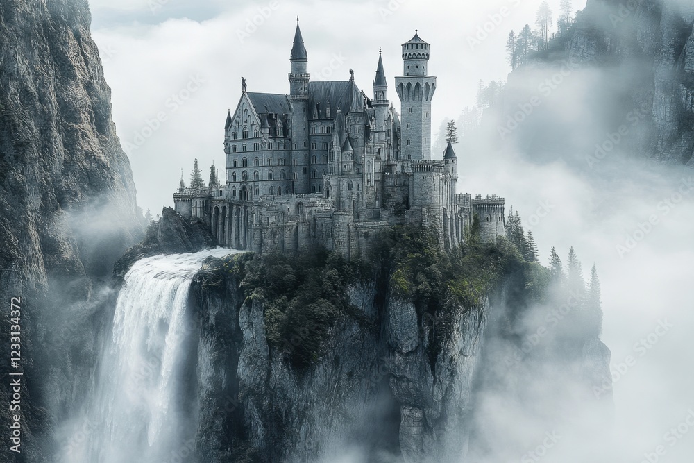 Majestic castle perched on a cliff with a waterfall flowing into the misty valley below