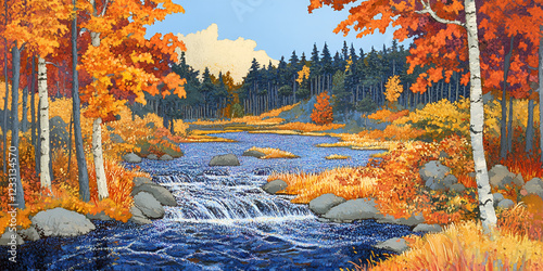 Sparkling River Flowing Through an Autumn Forest for a Peaceful Scenic View photo