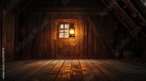A rustic barn interior lit by a glowing lantern, showcasing wood textures and nostalgic warmth. Ideal for rural or storytelling themes.