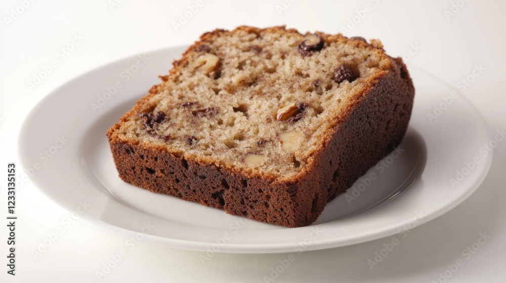 A slice of moist banana bread with walnuts and chocolate chips, placed on a plain white plate, Slice centered with a slightly angled view A slice of moist banana bread with walnuts and chocolate chips, placed on a plain white plate, Slice centered with a slightly angled view