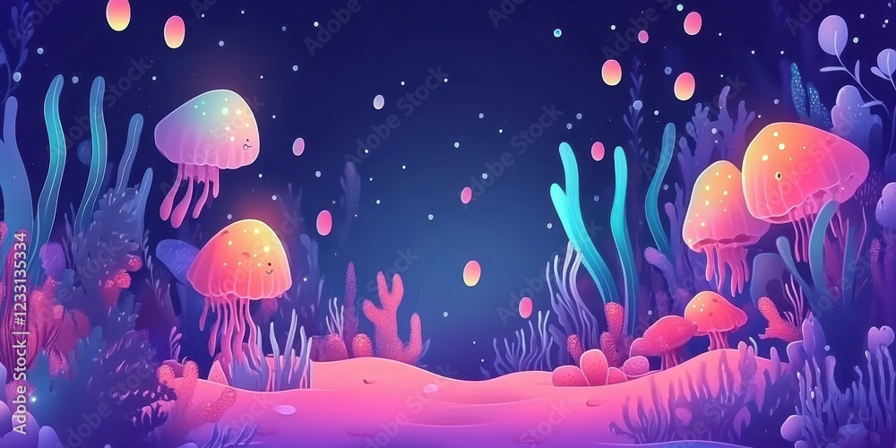Naklejka premium Glowing Jellyfish Swim Amidst Vibrant Underwater Flora