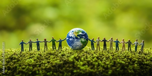 Global Unity: Miniature Figures Holding Hands Around a Miniature Earth on Mossy Ground, symbolizing environmental conservation and global cooperation.