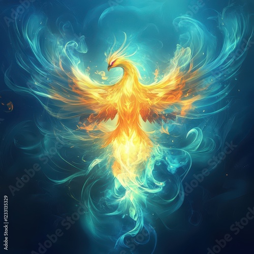Fiery Phoenix Bird Rising From Ashes In Teal Smoke