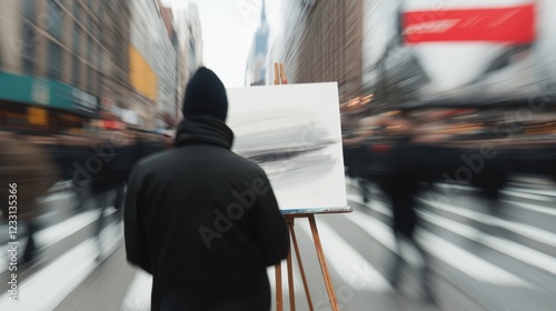 Street artist painting in vibrant urban scene with motion blur