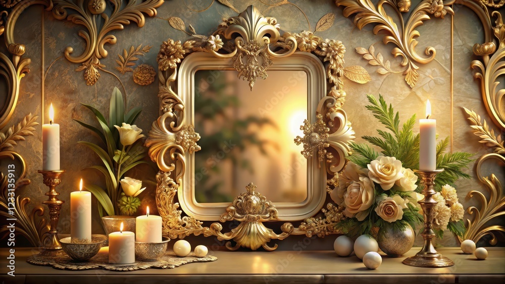 Obraz premium A delicate golden frame with intricate carvings of leaves and flowers adorns a stunning piece of artwork, surrounded by soft candlelight and ornate furnishings, Vintage Charm, Gilded Accents