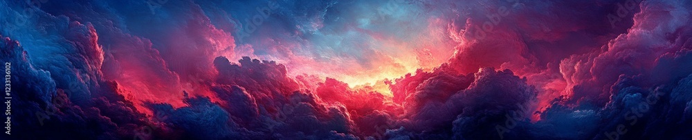 Naklejka premium Cinematic Twilight Sky: Dramatic Red, Blue, and Purple Clouds with Glowing Sunlit Edges in a Stunning Panoramic View