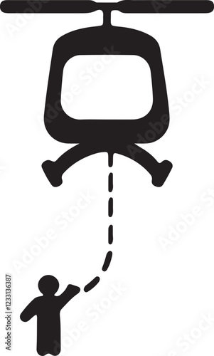 The illustration of a stickman hanging from a helicopter