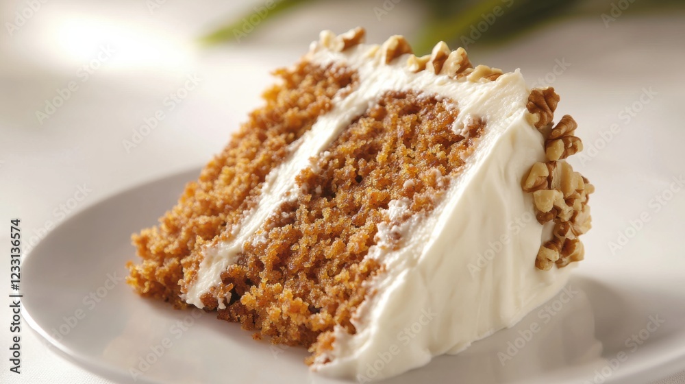 A slice of moist carrot cake with cream cheese frosting and a sprinkle of walnuts, placed on a plain white plate, Slice centered with a slightly angled view A slice of moist carrot cake with cream cheese frosting and a sprinkle of walnuts, placed on a plain white plate, Slice centered with a slightly angled view