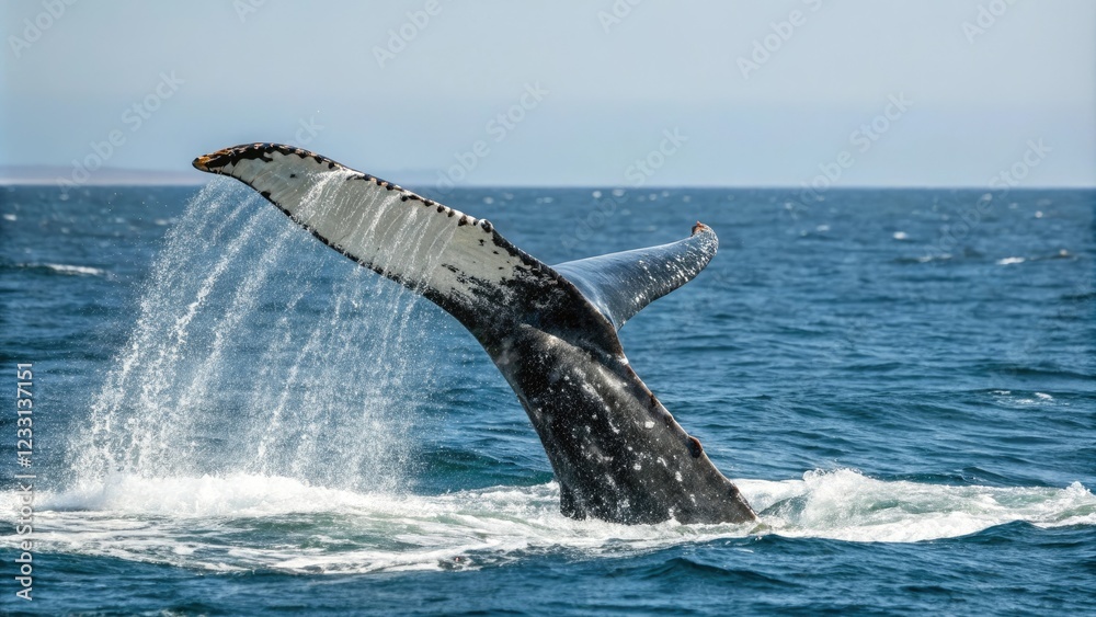 Fototapeta premium Humpback whale tail fluke peduncle throw, sea creature action, animal movement, whale behavior, aquatic life