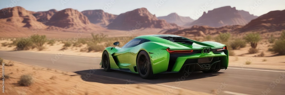 Naklejka premium Hypercar gliding through the desert in electric green, electric green , speed, racing