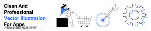 Woman seated browsing on smartphone next to shopping cart, target with arrow, and gear icon. Ideal for mobile apps, shopping, technology, goals, e-commerce, business strategy flat landing page