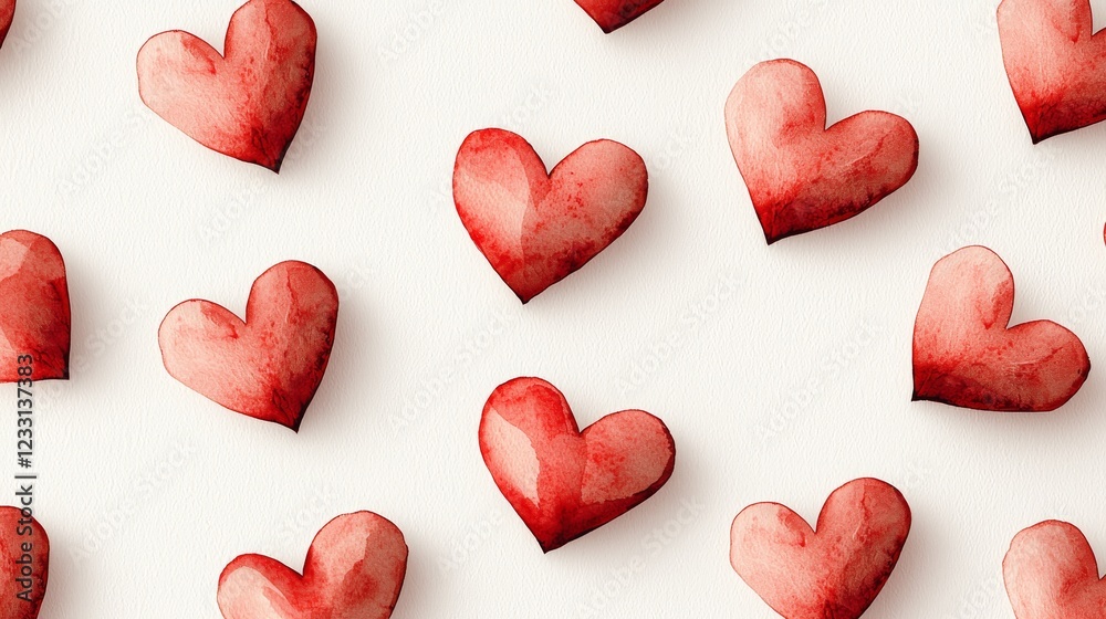 Obraz premium Close-up of hand-painted red watercolor hearts seamlessly scattered on a soft white textured background, creating a romantic and artistic feel