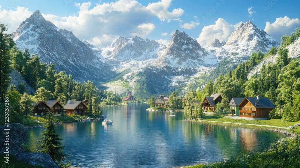 Fototapeta premium In the valley at the foot of the mountains there are houses near the lake. 3D illustration