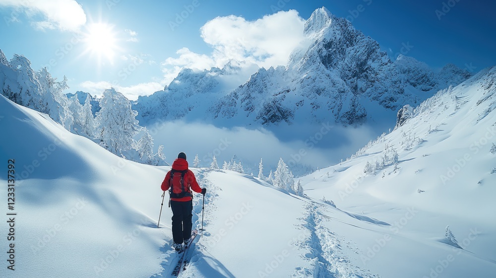 A skier treks through a snow covered landscape with snow covered mountains in the background A skier treks through a snow covered landscape with snow covered mountains in the background