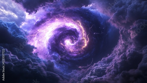 Electrical storm vortex in a swirling purple sky. photo