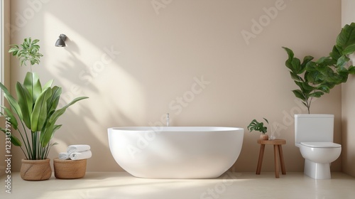 Wallpaper Mural Contemporary minimalist bathroom with white freestanding tub and lush green plants for a relaxing atmosphere Torontodigital.ca