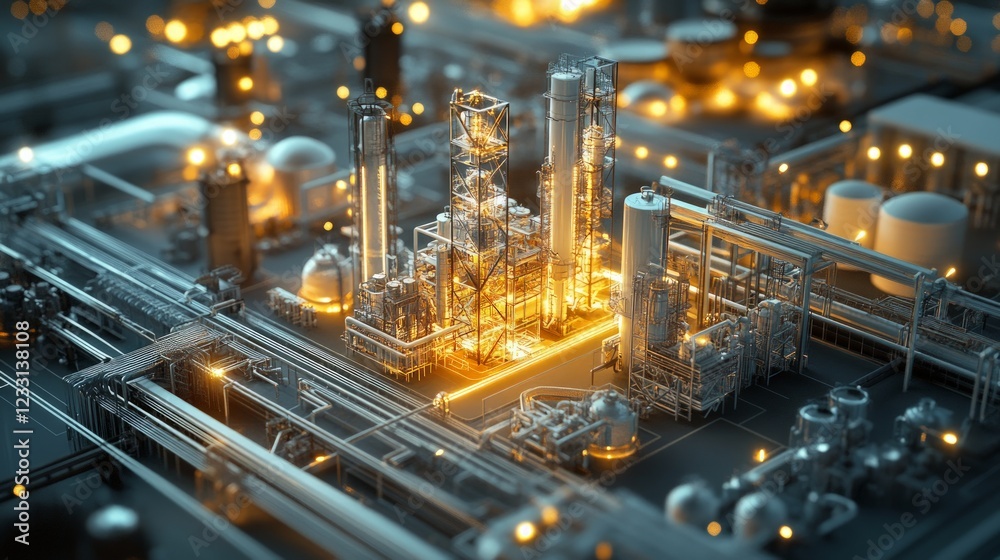 Fototapeta premium Industrial Complex with Illuminated Structures and Pipelines at Night