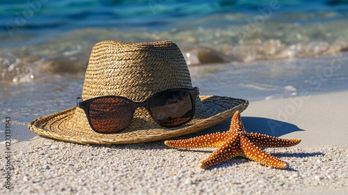 Straw Hat Sunglasses Starfish Beach Vacation Scene photo