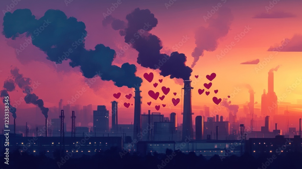 Fototapeta premium Smokestacks emitting pollution at sunset, hearts float above.