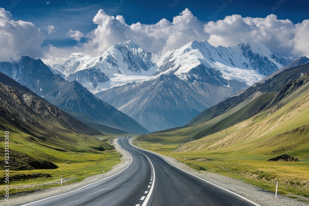 Fototapeta premium Scenic highway leading through majestic mountains under a bright blue sky